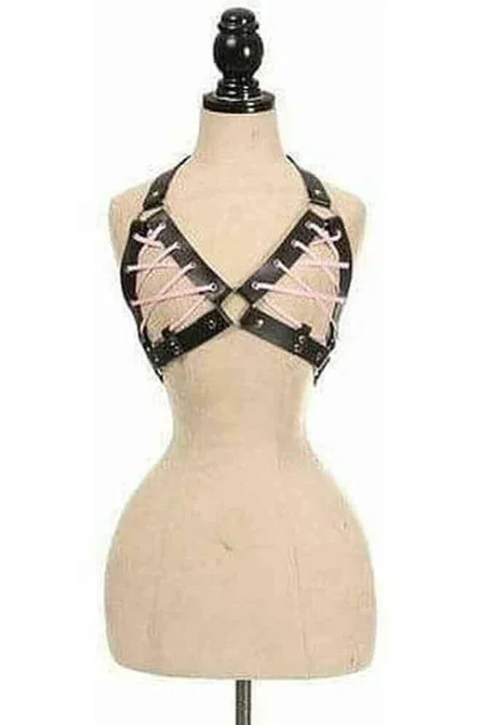 Black Faux Leather Lace-Up Bra Top – Lt Pink