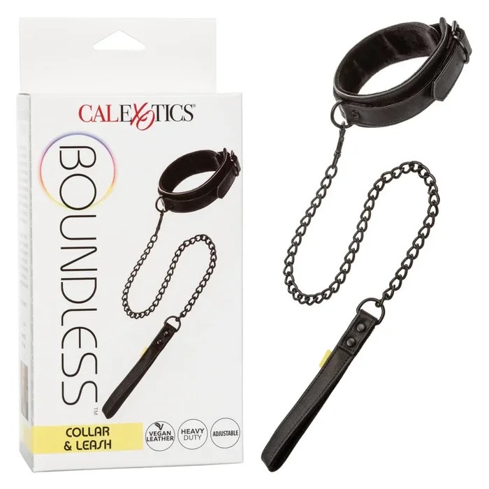 Boundless COLLAR WITH LEASH Black Vegan Leather Collar with Heavy Duty Chain