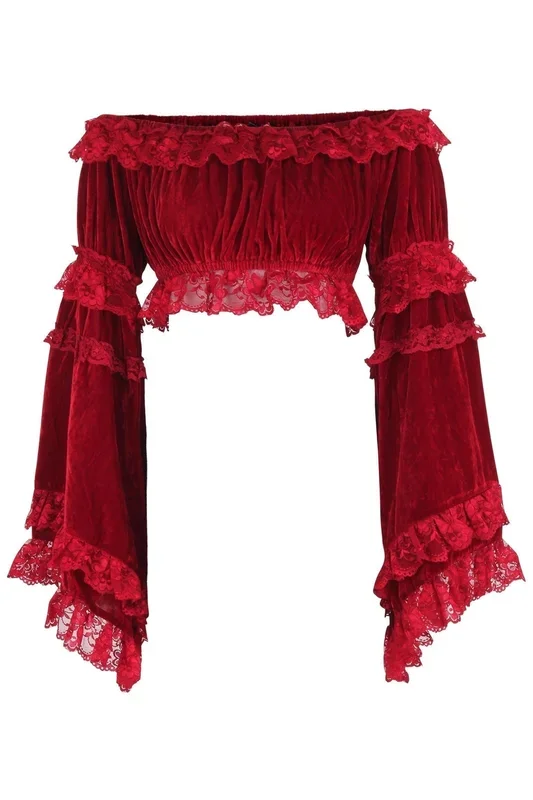 Dark Red Velvet Smocked Flare Sleeve Peasant Top