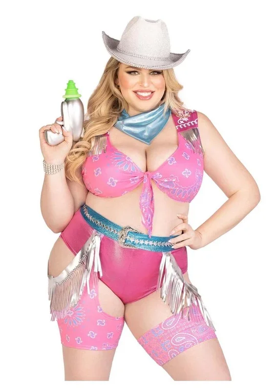 Leg Avenue Space Cowgirl Set Bandana Print Tie Front Crop Top with Fringe Trim, High Waist Bottoms with Attached Chaps, Belt with Fringe Detail, and Neck Bandana (4 Piece) – 1x/2x