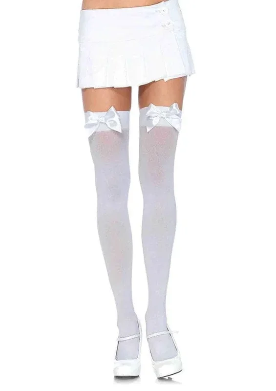 Opaque Thigh Highs With Satin Bow Accent – One Size – White