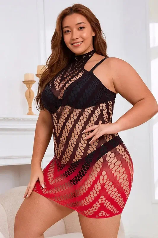 Plus Size Black And Red Two-Color Gradient Stretchy Fishnet Chemise Dress