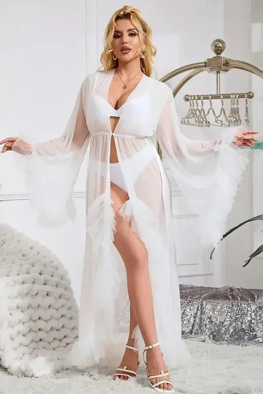 Plus Size Elegant White Sheer Robe with Ruffled Trim